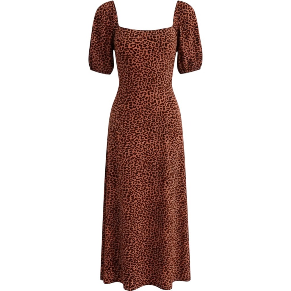Amour Vert Bonnie Midi Dress XL Organic Cotton Orange Black Leopard Puff Sleeve